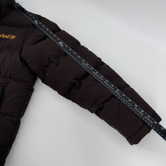 Vintage Timberland Mens Puffer Jacket Brown Duck Down Full Zip Hooded Large - Picture 11 of 12